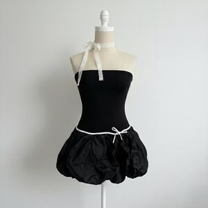 21 Saints Black Strapless Balloon Mini Dress with White Bow Trim
